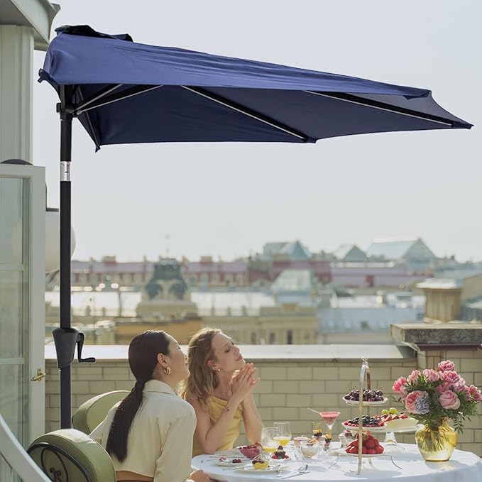 C-Hopetree 9 ft Half Round Outdoor Patio Market Wall Umbrella with Tilt, Navy Blue