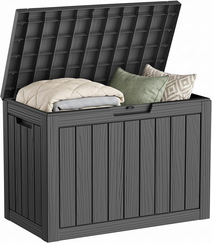 DRATO 50 Gallon Outdoor Storage Box Waterproof, Lockable Resin Deck Box for Patio Furniture, Pool Supplies & Garden Tools, Weatherproof Outside Storage Bin for Backyard Porch (Black, 50 Gallon)