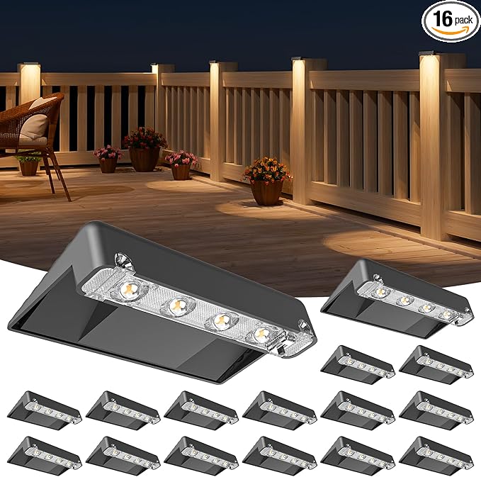 NIORSUN Solar Deck Lights Outdoor 16 Pack, IP65 Waterproof Large Size LED Stair Lights with Lenses, Auto ON Off Warm White Step Lights for Outside, Deck, Patio, Fence, Yard, Pathway and Railing Decor