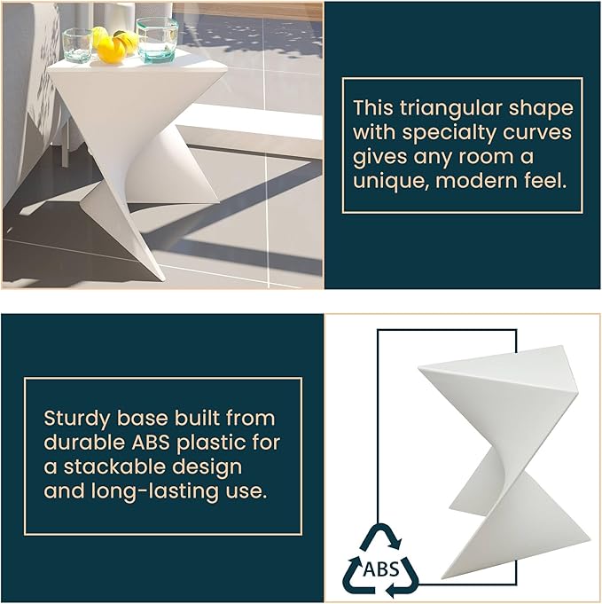 LeisureMod 15.75" Triangular Side Table, Stackable Plastic Accent End Table for Indoor & Outdoor Use, Weather-Resistant Modern Patio & Living Room Table, White