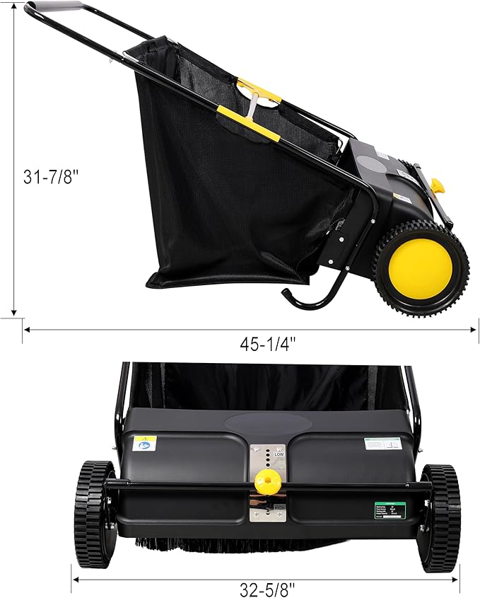 Push Lawn Sweeper, 26 in Leaf & Grass Collector with 7 cu. ft. Hopper Bag, Heavy Duty Yard Sweeper, Adjustable Spinning Brushes Height for Leaves Grass Cleanup (26 Inch)