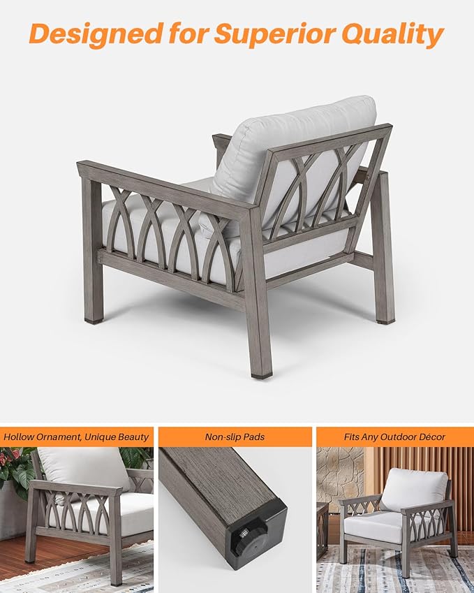 Outdoor Aluminum Armchairs Set of 2, Patio Sofa Chairs with Cushions, Deep Seating Outdoor Patio Club Chairs, Weather-Resistant Patio Furniture Set for Garden, Balcony, Limed Oak