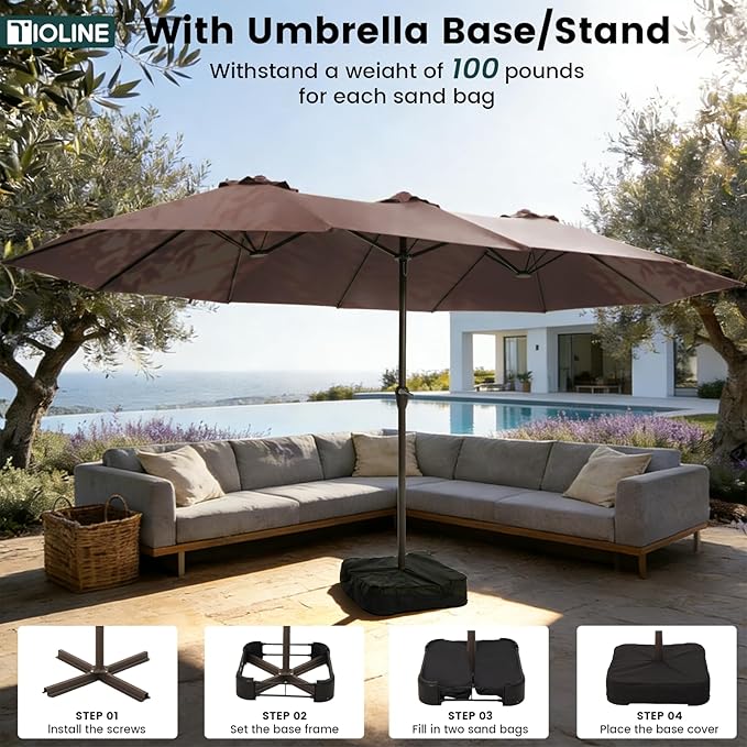 15FT Large Patio Umbrellas with Base Included, Outdoor Double-Sided Rectangle Big Market Umbrella with Stand, Outside Umbrellas for Poolside Lawn Backyard,Brown
