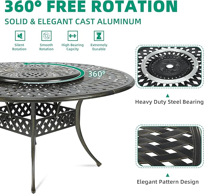 VIVIJASON 9-Piece Patio Dining Set, Rust-Free Cast Aluminum Outdoor Furniture Set, 8 Patio Dining Chairs and 61" Round Dining Table with 31" Lazy Susan, Umbrella Hole for Backyard, Patio, Garden