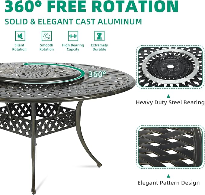 VIVIJASON 9-Piece Patio Furniture Dining Set, Rust-Free Cast Aluminum Outdoor Conversation Set, Include 8 Chairs & 61" Round Dining Table with 31" Lazy Susan, Umbrella Hole for Lawn Garden