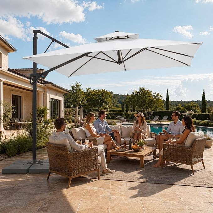 JEAREY 9ft 2-Tier Cantilever Patio Umbrella, Large Square Outdoor Offset Umbrella with Double Top Vent and 360-degree Rotation for Garden, Deck, Pool, Patio, Cream White