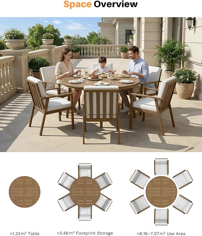 7 Pieces Teak Round Outdoor Dining Table Set, 51" Round Dining Table with 6 Dining Chairs, Never-Rust Aluminum Patio Furniture Set, Outdoor Round Dining Set w/Umbrella Hole for Garden, Indoor