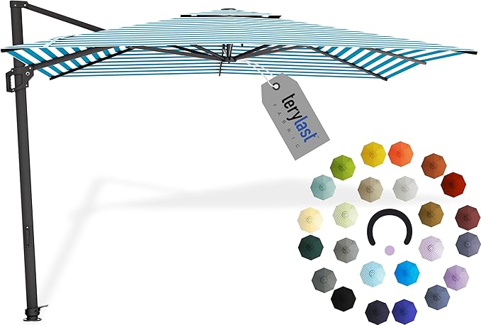 Midtown Umbrellas 9 x 9 Ft Outdoor Cantilever Patio Umbrella w/Terylast Cobalt Stripes Fabric - Tilt 360° Offset Patio Umbrella, Deck Patio Umbrella, Backyard Umbrella & Garden Umbrella - Black Frame