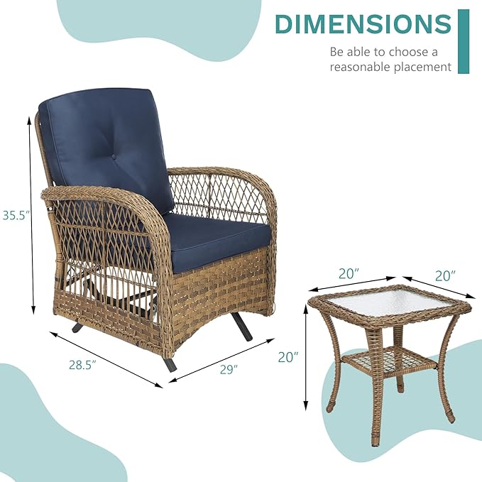 MEETWARM 3 Pieces Outdoor Patio Wicker Rocking Glider Set, Rocking Chairs Rattan Patio Furniture Sets with Glass-Top Coffee Table and Thickened Cushion, Conversation Bistro Set, Navy Blue