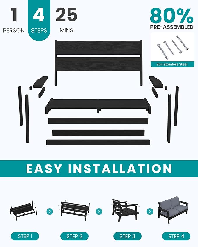 SERWALL HDPE Patio Furniture Set, 5 Piece All Weather Wood-Like Sectional Outdoor Furniture Set, Black Patio Sofa Couch with Grey Cushions for Deck, Lawn