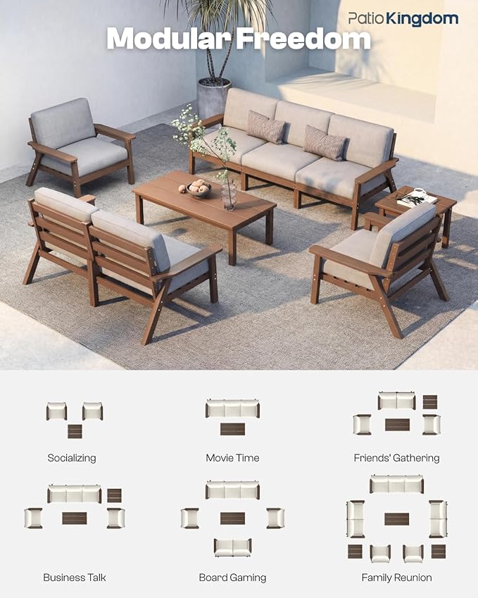 7 Piece Patio Conversation Sets, Outdoor Couch with Washable Thick Gray Cushions, HDPE Patio Furniture Set, Outdoor Sectional Furniture for Backyard, Deck, Lawn, Porch (Brown Frame)