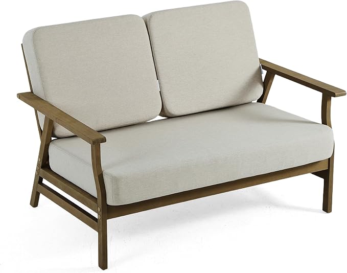 4 Pieces Patio Furniture Sets, Teak Wood Outdoor Sectional Furniture with Coffee Table, 4 Seats Patio Sofa Couch Conversation Set for Backyard Deck - Light Camel