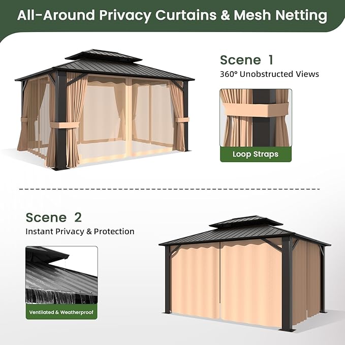 12’x20’ Hardtop Gazebo, Galvanized Steel Double Roof Canopy with Aluminum Frame, Outdoor Pavilion with Nettings and Curtains