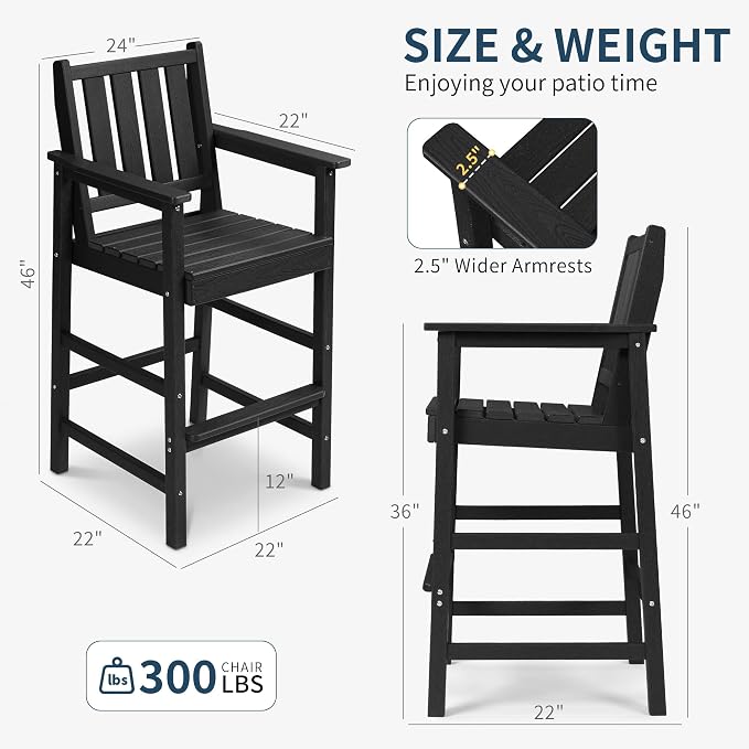 Adirondack Chairs Set of 4, All Weather HDPE Counter Height Bar Chair with Wide Armrests & Footrest, Heavy-Duty Outdoor Bar Height Barstools Set for Patio, Balcony, Pool, Backyard, Black