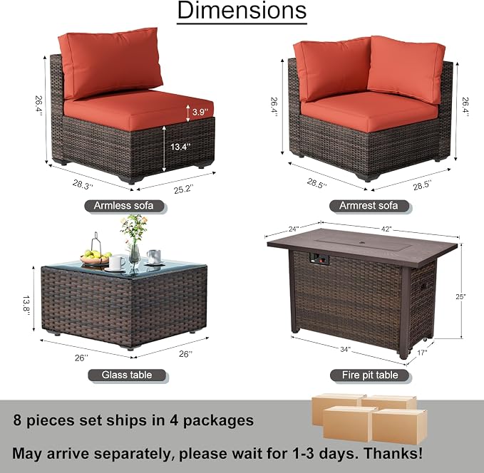 Patio Furniture Set, 8 PCS Outdoor Sectional Patio Furniture Set with 42" Fire Pit Table, Rattan Wicker Sofa Couch for Garden Backyard Deck Poolside, Red