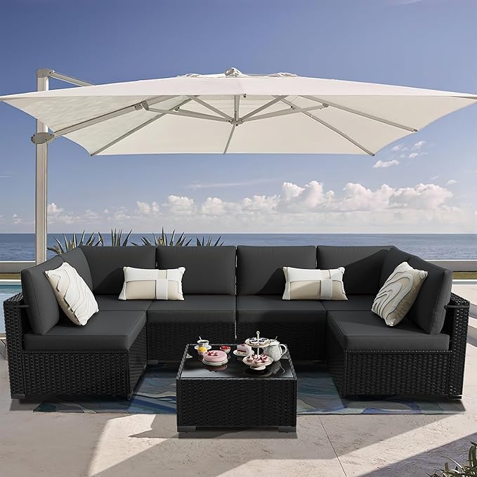 KIGOTY Patio Furniture Set,7 Pieces Modular Outdoor Sectional Sofa, PE Rattan Patio Conversation Set, All Weather Wicker Patio Furniture with Cushions and Coffee Table（Black/Black）