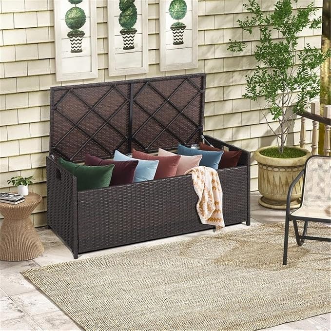 Pemberly Row 34 Gallon Patio Wicker Storage Deck Box, Hand-Woven PE Rattan Finish, Off Brown Color, Water-Resistant Lining, Gas Strut Lid, Cushion Seating, Multi-Functional for Outdoor Use