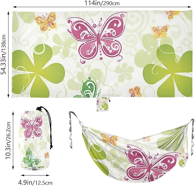 St. Patrick Green Boho Butterfly 330lb Capacity Camping Hammock with Portabl Carry Bag Fabric Hammock for Camping Travel Accessories amacas para patios con Base de adultos