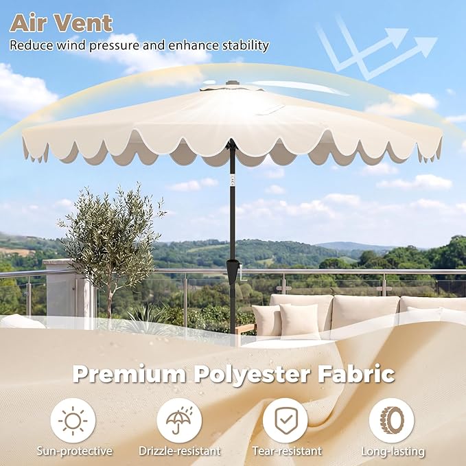 Tangkula 10 FT Patio Umbrella with Base Included, 2-Tiers Outdoor Scalloped Table Umbrella with 2 Sandbags, Tilt Adjustment, Crank, 8 Ribs for Market Backyard Pool Deck Beach Lawn