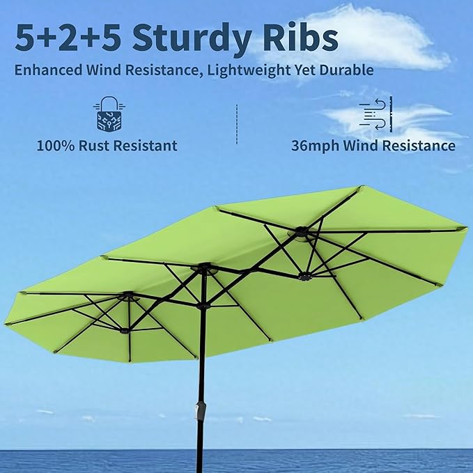 15FT Double Sided Patio Umbrella with Base Included Large Outdoor Market Umbrella with Crank Handle, UV Resistant Canopy, Sturdy Frame for Garden, Poolside, Deck, Apple Green