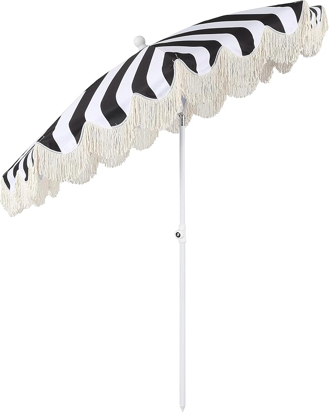 JONATHAN Y Mariner 6.5 ft. Beach Umbrella, Black/White Striped with Fringe, Push-Button Tilt, UPF 50+ Sun Protection and Carrying Bag for Patio and Pool, White Pole UMB1003Q