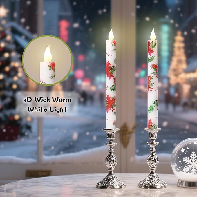 Christmas Flameless Taper Candles 2 Pack Christmas Poinsettia Flowers Battery Operated Candle with Remote Real Wax Flickering LED Fake Candle Home Decor for Xmas New Year Wedding Party