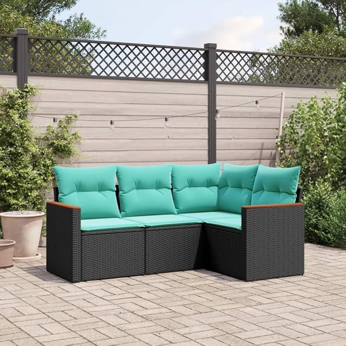 4 Piece Patio Sofa Set with Cushions, Front Porch Furniture Patio Conversation Set Garden Lounge Set Sectional Sofa for Piazza Exhibition Garden Poolside Black Poly Rattan
