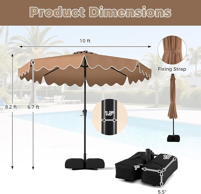 Tangkula 10 FT Solar Patio Umbrella with Base Included, 2-Tiers Outdoor Scalloped Table Umbrella with 32 LED Lights, 2 Sandbags, Tilt Adjustment, Crank, 8 Ribs for Market Backyard Pool Deck Beach Lawn (Coffee, 10 FT)