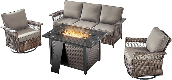 Patio Furniture Set with Fire Pit Table, 4PCS Patio Conversation Set Brown Resin Wicker Swivel Patio Chair and Sofa with 43in Rectangular Iron Fire Table PE Rattan Furniture Set