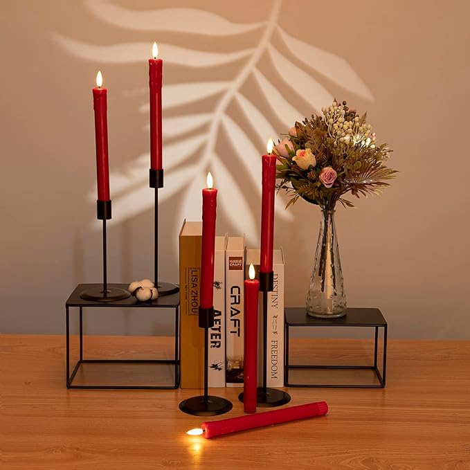 JOIONE Flameless Taper Candles with Remote Timer, 9.6" Red Real Wax Flickering Battery Operated Warm Light Electric LED Candle, Perfect for Christmas Party Wedding Decoration (6 Pack)