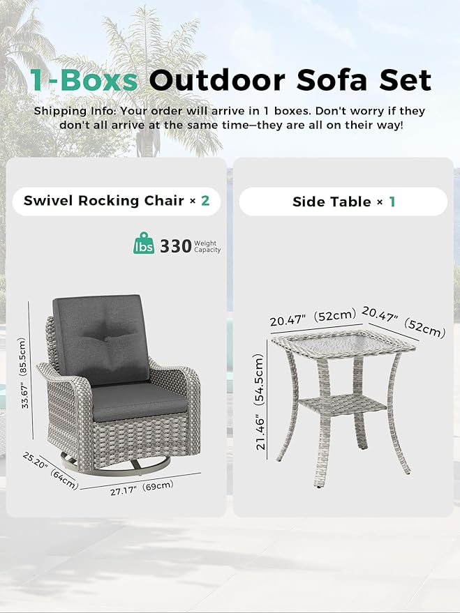 3 Piece Outdoor Wicker Patio Furniture Set,High Back Swivel Rocker Patio Chairs with 4" Thickened Cushions & Side Table, All-Weather PE Rattan for Garden, Backyard, Porch, Black