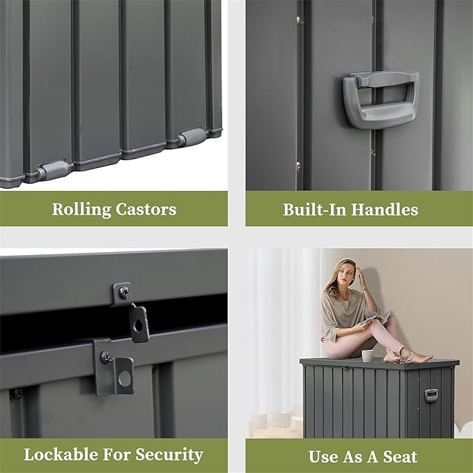 200 Gallon Outdoor Storage Deck Box with Lockable and Mobile Roller, Large Steel Container Bin with Waterproof and UV Resistant for Patio, Garden, Dark Gray