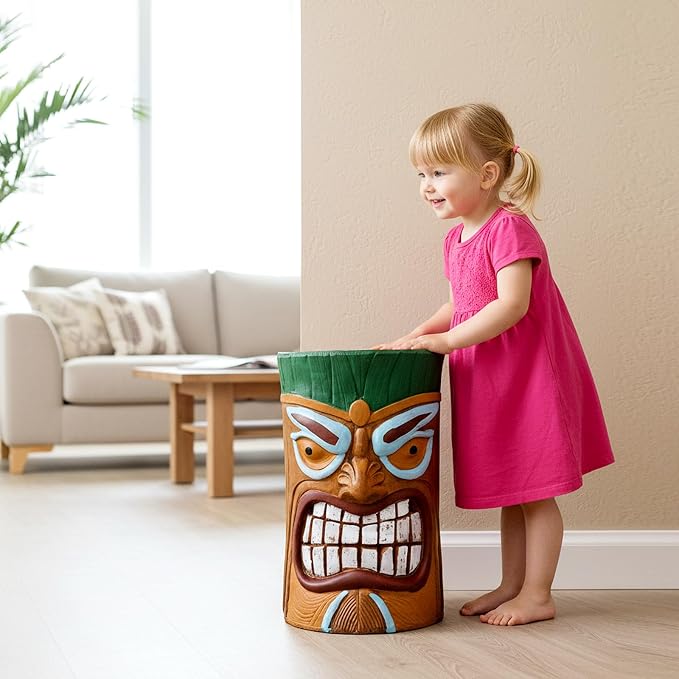 Tiki Outdoor Side Table, 20 Inch Fiber Reinforced Concrete Patio End Table, Decorative Garden Statue Stool with Wood Grain Tribal Mask Design for Garden, Porch, Poolside, Deck
