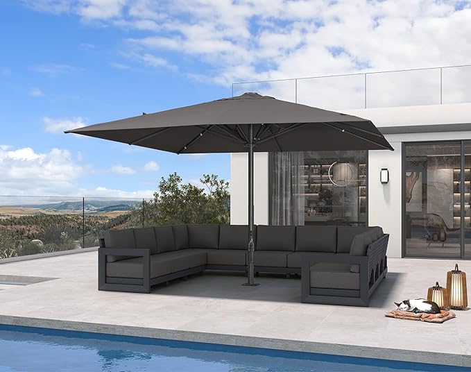 PURPLE LEAF 13' x 13' Square Semi-Auto Outdoor Patio Umbrella Aluminium Market Umbrella Table Sun Umbrella with 3.15" Rod and 8 Sturdy Ribs for Deck Lawn Pool Garden, Gray