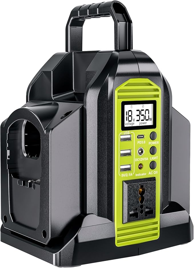 Power Inverter 2 Port for Ryobi 18V Battery, 350W Power Battery Inverter Pure Sine Wave, DC 18V to AC 120V and USB-A & USB-C Output Port for Camping, Jobsite, Emergency Backup (Tool Only)