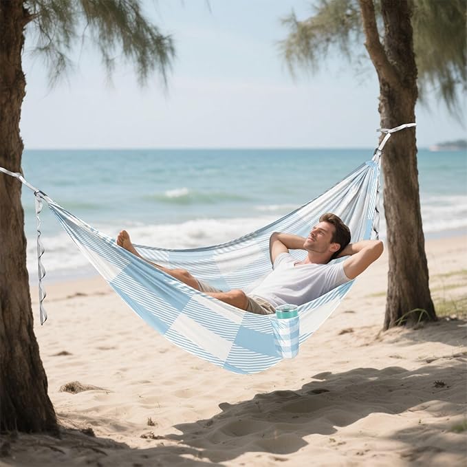 Qilmy Baby Blue Plaid Pattern Camping Hammock Single – 330 lbs Capacity, Lightweight with Tree Straps & Carabiners, Portable for Hiking, Travel, Backpacking