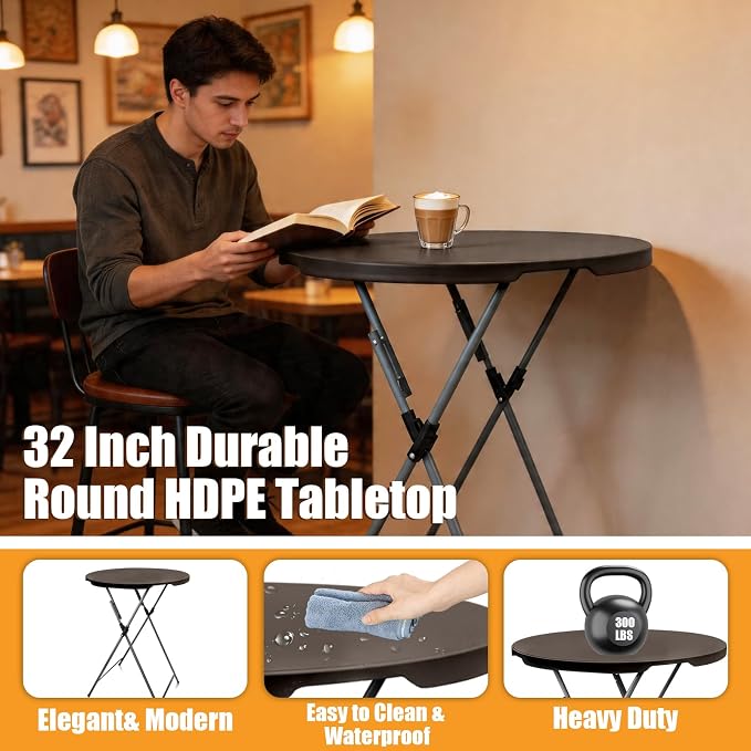 GUAGUA 32" Round Plastic Folding High Top Table - Versatile Bar, Cocktail & Portable Pub Table for Parties, Bistro & Events (Brown Set)