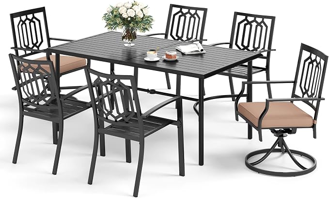SUNSHINE VALLEY 7 Piece Patio Dining Set for 6, 67x38 Wood-Like Metal Table with Umbrella Hole and 6 Pcs Rust-Proof Stackable Chairs, Outdoor Table and Chairs Set for Backyard Garden Deck (Style 5)
