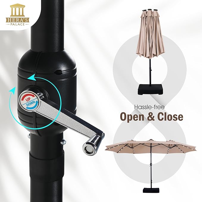 HERA'S PALACE 15ft Patio Umbrella with Base Included Double Sided Outdoor Umbrella for Patio Table Umbrella Outdoor 36 LED Solar Lights for Garden