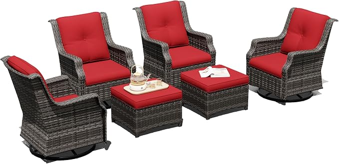 Outdoor Patio Furniture Set, 6 Piece Wicker Patio Furniture with Thick Cushions, Curved Armrest, Deep Seating, Outdoor Swivel Rocker Chairs for Porch, Deck, Balcony