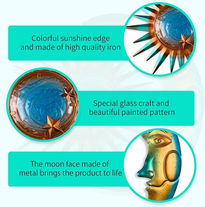LIFFY Sun Metal Outdoor Wall Decor - 3D Sun Moon Metal Wall Sculpture - Hanging Decoration Gift Ideal for Celestial Decor Home Accent, Bedroom, Garden, Patio, Farmhouse - Lively and Vibrant