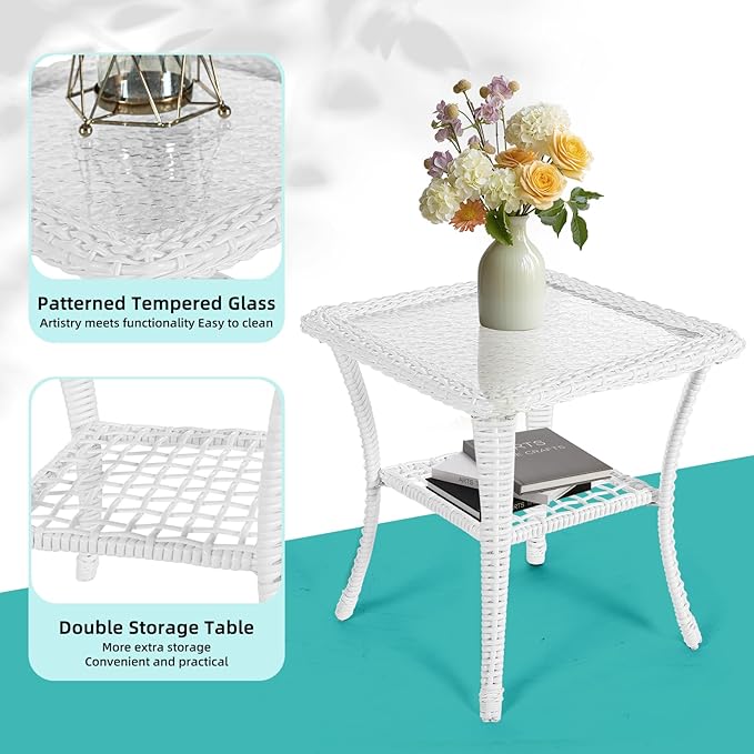 MEETWARM 3 Pieces Outdoor Wicker Swivel Rocker Patio Set, Rocking Chairs Rattan Patio Furniture Sets with Thickened Cushion and Glass-Top Coffee Table, Conversation Bistro Set, White Wicker/Grey