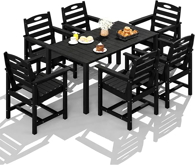 Domi HDPE Outdoor Dining Set, All-Weather 7 Piece Outdoor Dining Table Set with 2" Umbrella Hole, Outdoor Patio Dining Set for Garden, Poolside, Backyard, Deck, Black