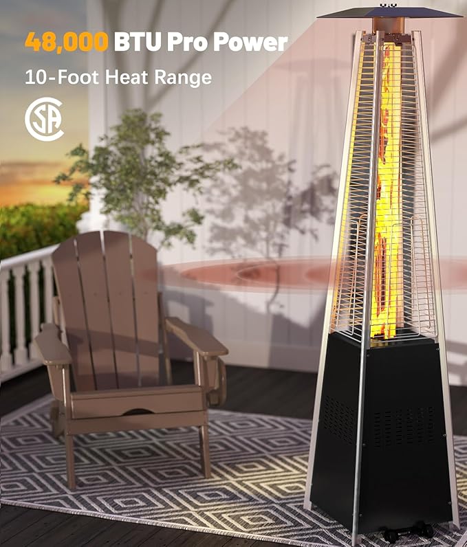 NAVINE Pyramid Patio Heater,48,000 BTU Outdoor Propane Patio Heater with Detachable Wheels and Protective Cover for Terrace, Garden,Poolside.（Black）