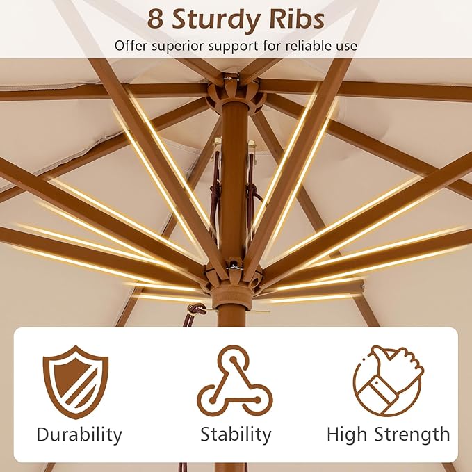 Tangkula 9 FT Patio Umbrella, Outdoor Table Market Umbrella with 8 Wooden Ribs, 3 Adjustable Heights, Rope Pulley System for Garden, Vented Top for Pool Backyard Deck Garden
