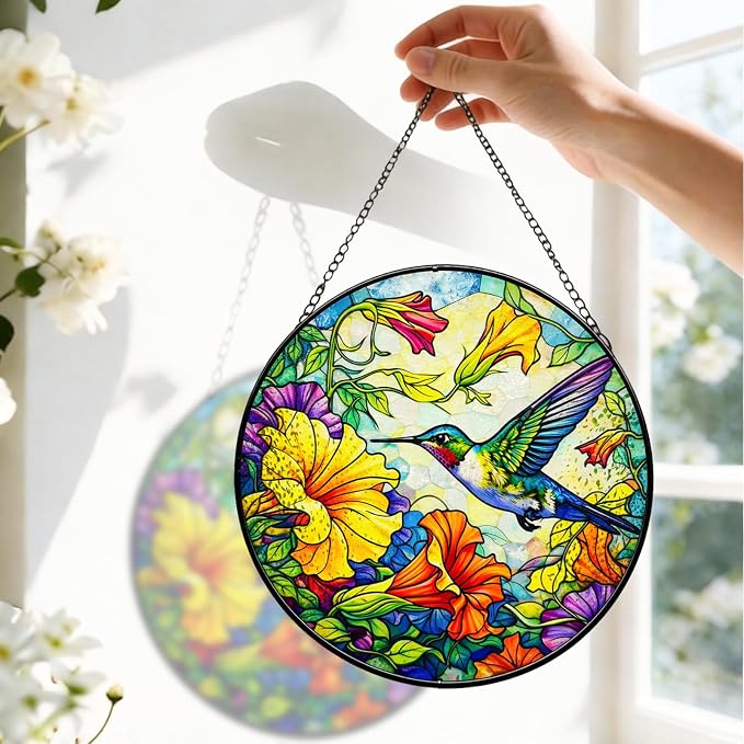 Stained Glass Window Hanging - Colorful Hummingbird Suncatcher for Windows Doors Home Decor, Hummingbird Flowers Sun Catcher Gift for Women Mom Nana Bird Lovers Christmas Mother's Day Birthday 7.8 in