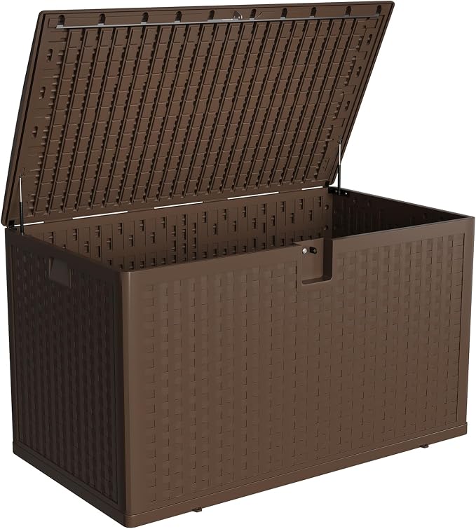 120 Gallon Large Outdoor Deck Storage Box, Waterproof UV Resistant Resin Patio Storage Bin, Lockable Heavy Duty Deck Chest Bench for Patio Cushions Garden Tools Pool Supplies, Brown