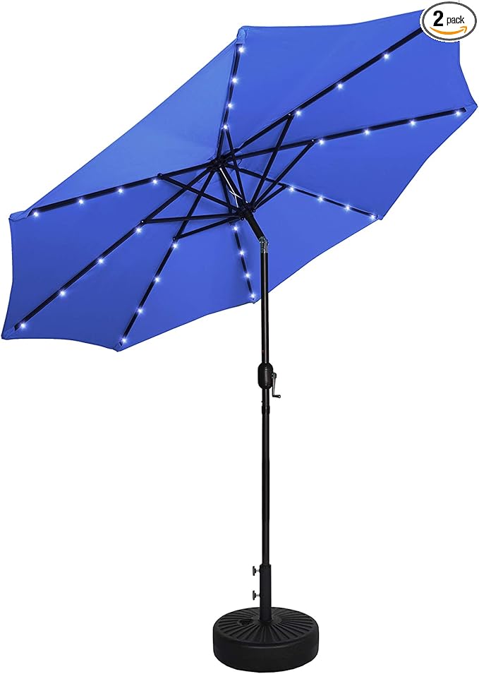 WO 9 ft. Patio Solar Power LED Lights Market Umbrella with Black Color Round Free Standing Weight Kit, Royal Blue