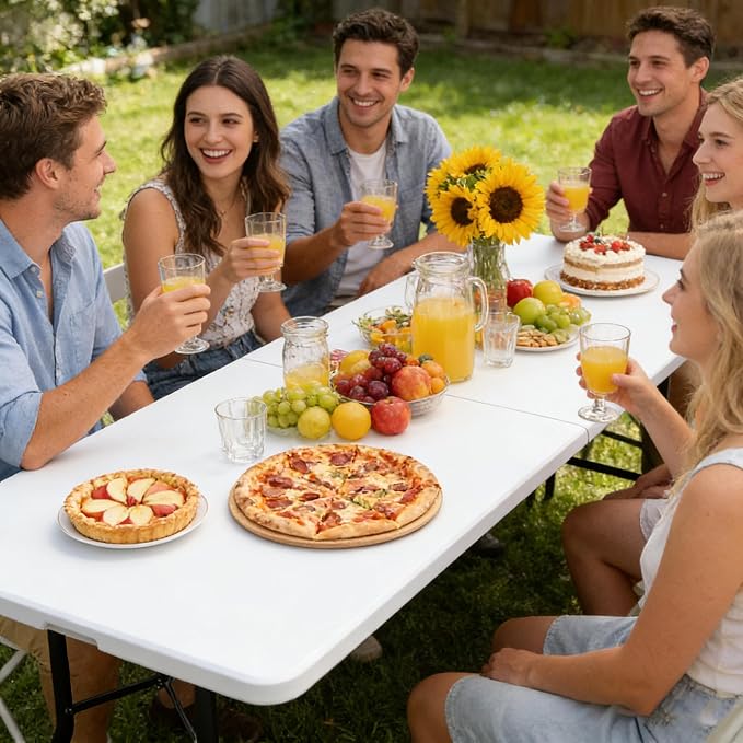 SUPER DEAL 8FT Folding Picnic Table for Indoor Outdoor, Portable Fold-in-Half Plastic Dining Camping Party Table with Carrying Handle