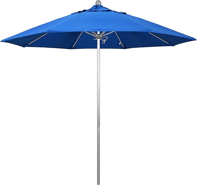 California Umbrella 9' Round Aluminum/Fiberglass Umbrella, Push Open, Silver Pole, Olefin Royal Blue Fabric